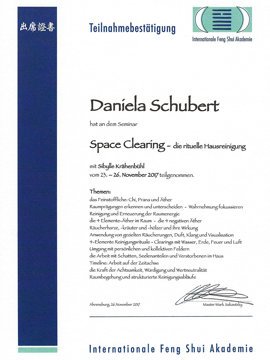 11/2017, Space Clearing - die rituelle Hausreinigung - Dozentin: Sibylle Krähenbühl